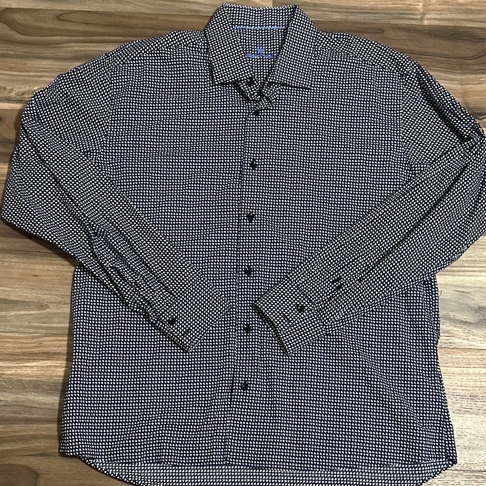 Bertigo Mens Long Sleeve Navy Blue Geometric Button Up Cotton Dress Shirt Sz XL